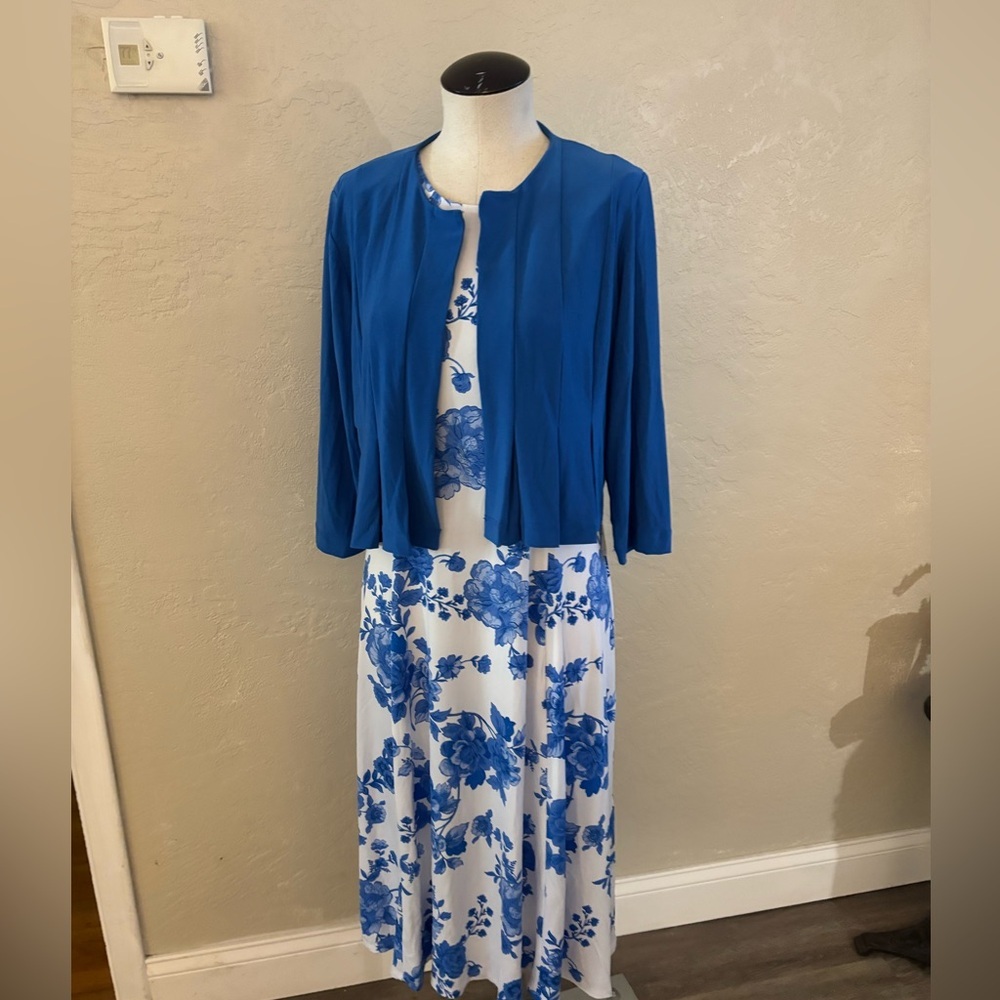 Women's Danny & Nicole Blue Floral Print Dress & Jacket set Sz L NWT